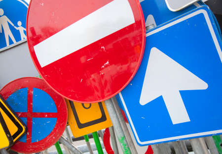 a lot of european street signs put togetherの写真素材