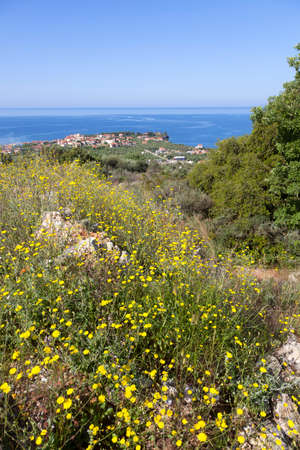port of agioa nicolas near stoupa in mani on greek peloponnese seen from hill and looking over blue sea and sky in spring with many flowersの写真素材