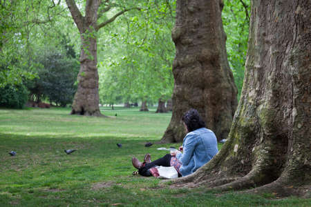 London, United Kingdom, 6 may 2017: woman sits and reads on the grass near old tree in london st james's parkのeditorial素材