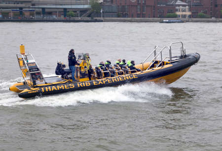 London, United Kingdom, 6 may 2017: boat of thames rib experience on river thames in london with touristsのeditorial素材