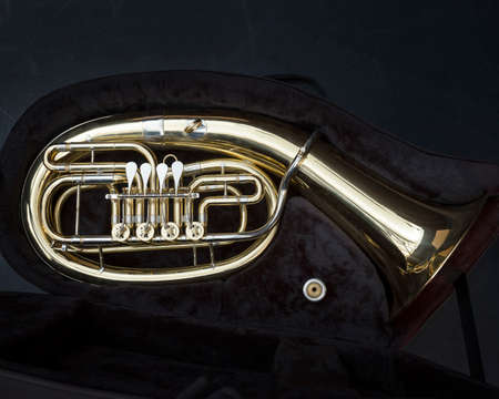 baritone brass instrument with valves in dark caseの写真素材