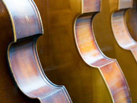 closeup of row of double basses resting against a wall close togetherの写真素材