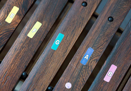 closeup of wooden marimba kind of instrument for children seen from aboveの写真素材