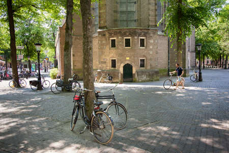 utrecht, netherlands, 15 may 2018: many bicycles are parked against trees on janskerkhof in old dutch town of utrecht in summerのeditorial素材