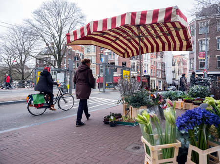 amsterdam, netherlands, 10 january 2010: bike and pedestrian on utrechtsestraat in old centre of amsterdam on winter day near flower stall in januaryのeditorial素材
