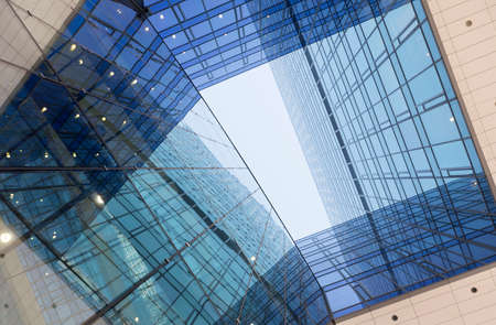 looking up into modern architecture tower of utrecht city hall in the netherlands