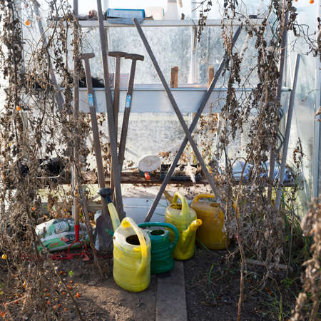 watering cans and garden tools wait in greenhouse during winter with dried plantsの写真素材