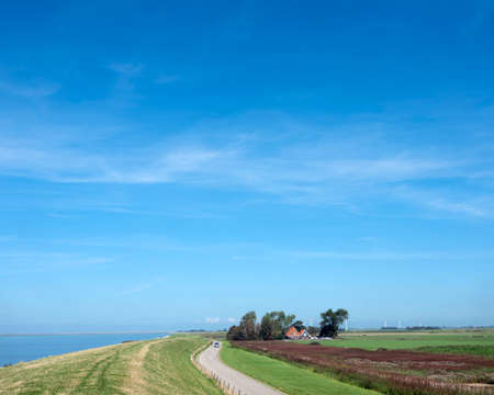 vast area of agriculture land in friesland near makkum with lonely farm under blue sky seen from ijsselmeer dykeの写真素材