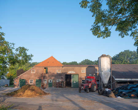 aurich, germany, 26 august 2019: farm yard of dairy farm in north german east frisia on sunny summer morning with heap of straw and tractorのeditorial素材