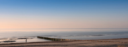 lonely figure strolls along beach of north sea in dutch province of Zeeland under blue sky in spring during sunsetの写真素材