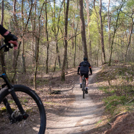 man on mountain bike in spring forest near utrecht in holland