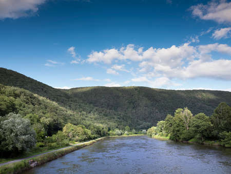 river maas in french ardennes under blue sky in summerの写真素材