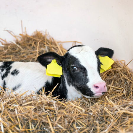 black and white spotted calf in strawの写真素材