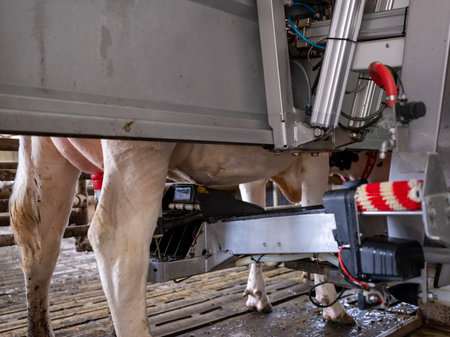 cow being milked by milking robot on farm in hollandの写真素材