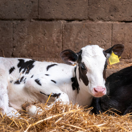 black and white spotted calf in strawの写真素材