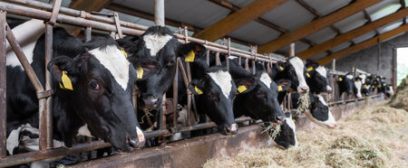 black and white spotted cows feed on hay inside dutch farm in hollandの写真素材
