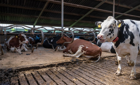 spotted red or black and white cows inside barn on dutch farm in the netherlandsの写真素材