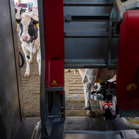 black and white cow waits for her turn at milking robot on a dutch farm in the netherlandsの写真素材
