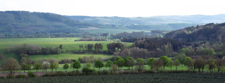 countryside landscape in german sauerland near winterberg with trees and hillsの写真素材