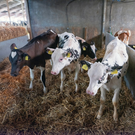black and white spotted holstein calves stand in straw inside dutch farm in the netherlandsの写真素材