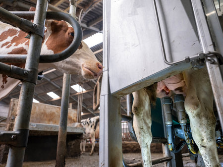 red and white spotted cow waits photo occupied milking robot on farm in the netherlandsの写真素材