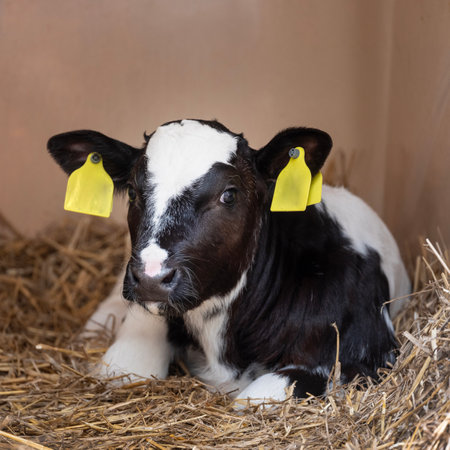 cute young black and white spotted calf lies in strawの写真素材