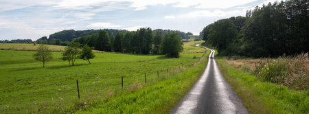 setting sun reflects country road in french countryside of champagne ardennesの写真素材