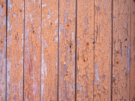 old wooden planks with peeling grungy pink brown beige paint and rusty nails on deserted shedの写真素材