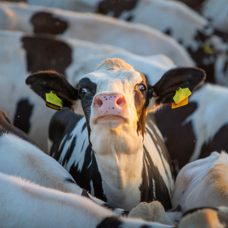 young black and white spotted cow stretches head surrounded by other cowsの写真素材
