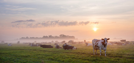 large herd of spotted cows in misty meadow during colorful sunrise in the netherlands near culemborgの写真素材