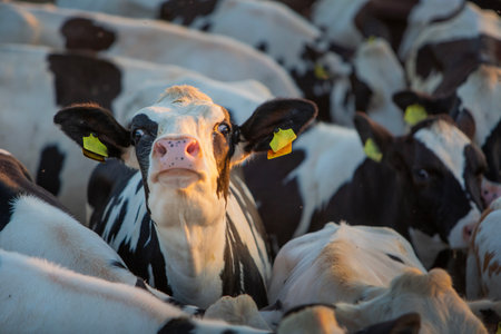 young black and white spotted cow stretches head surrounded by other cowsの写真素材