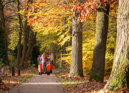 young children transported in electrical vehicle called stint on bicycle road in the autumn near Utrecht in the Netherlandsの写真素材