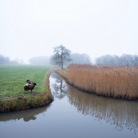 two sheep stand at canal in typical dutch meadow with canal and already in the netherlands near utrechtの写真素材