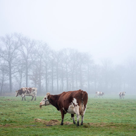bare trees behind red and white spotted cows in green misty winter meadow near Utrecht in the Netherlandsの写真素材