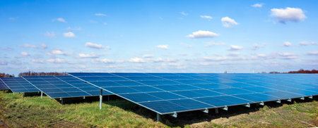 solar panel field under blue sky with fluffy clouds in dutch area near utrecht in the netherlandsの写真素材