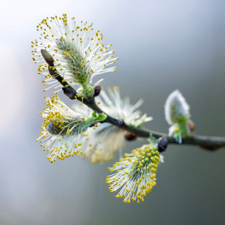 closeup of beautiful blooming yellow willow catkins in springの写真素材