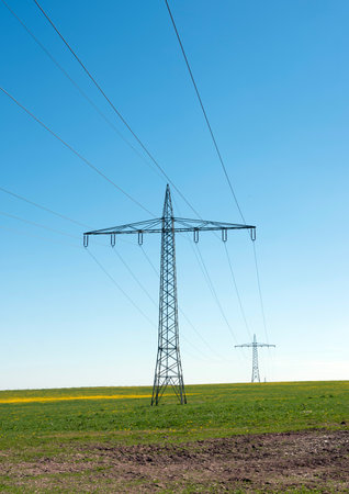 electricity pylons and green fields in german saarland near trier.の写真素材