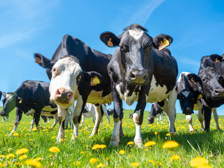 curious black and white spotted cows in green meadow with yellow spring flowers under blue sky in the north of Luxembourgの写真素材