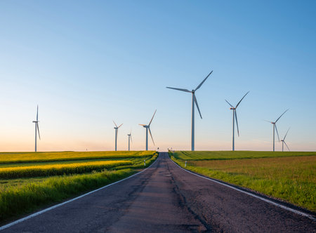 German countryside with road and wind turbines under blue sky in Saarland in spring at sunsetの写真素材