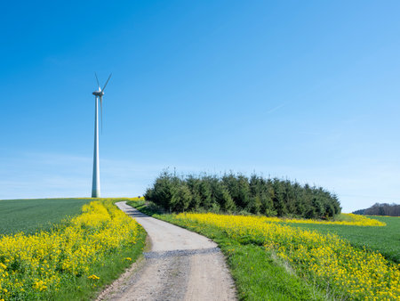 agricultural countryside landscape in luxembourg with wind turbine under blue sky in springの写真素材