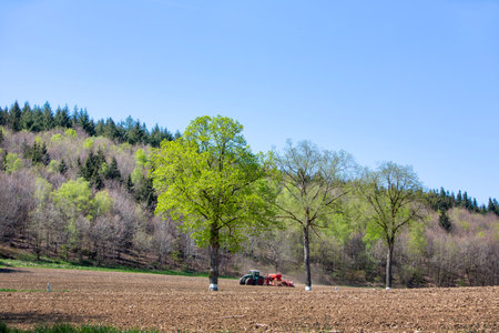farmer harrows land near clervaux in luxembourg in spring with forest in the beckgroundの写真素材