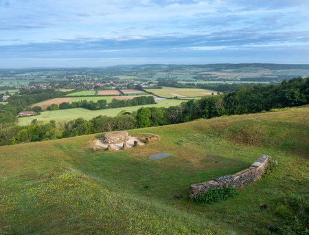 beautiful green landscape of north downs near ashford and wye valley in english county of kent in early morning light late springの写真素材