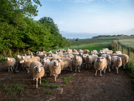 curious sheep on north downs in kent near wye on sunny summer morning under blue sky with fluffy clouds with wye valley in the backgroundの写真素材