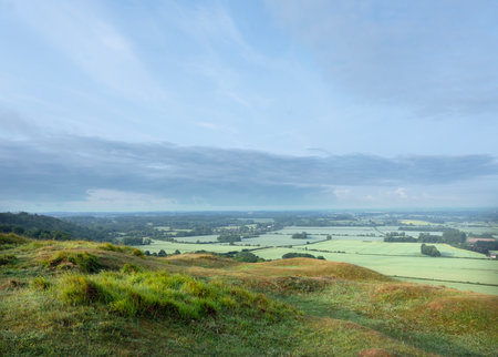 beautiful green landscape of north downs near ashford and wye valley in english county of kent in early morning light late springの写真素材