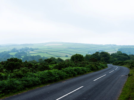 winding country road in rural landscape of bodmin moor on foggy day late spring at dusk