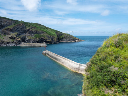 piers and harbor near ocean seen from hill near port isaac in cornwallの写真素材