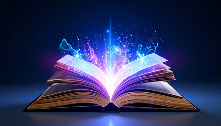 Open book with glowing lines on dark blue background. 3D renderingの素材