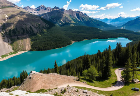 Panoramic view of beautiful turquoise lake in Canadian Rockiesの素材