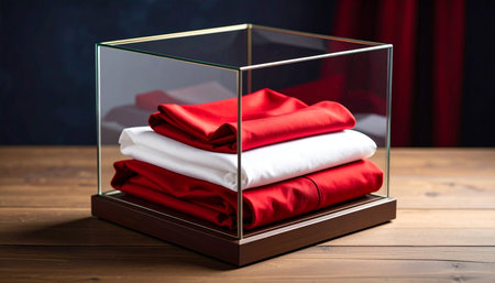 Stack of red and white towels in a glass box on a wooden tableの素材