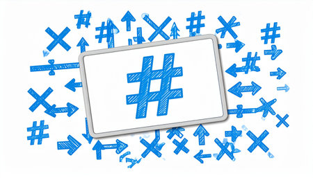 Hashtag symbol on a white background with blue hand drawn signs.の素材